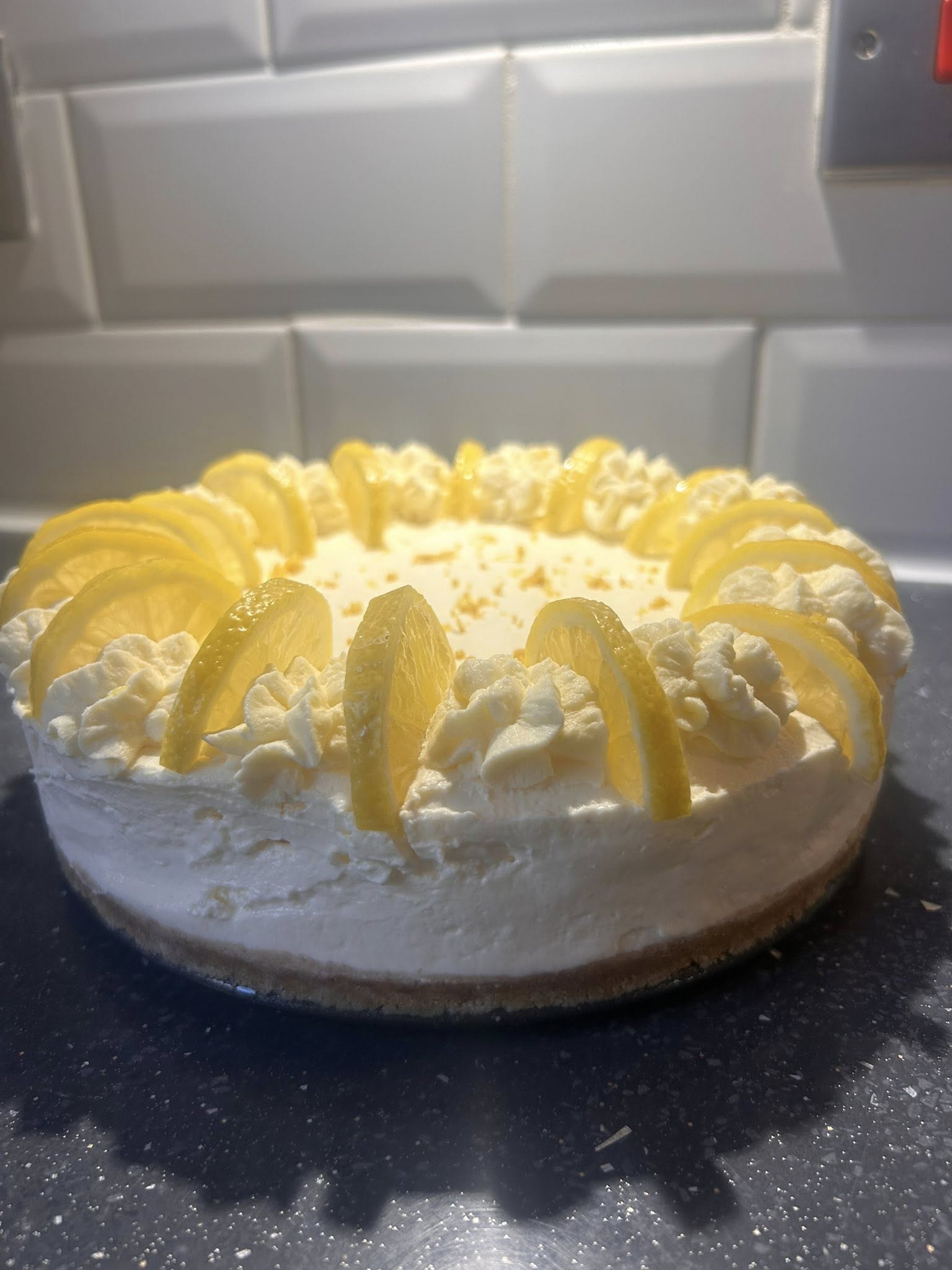 A homemade lemon cheesecake
